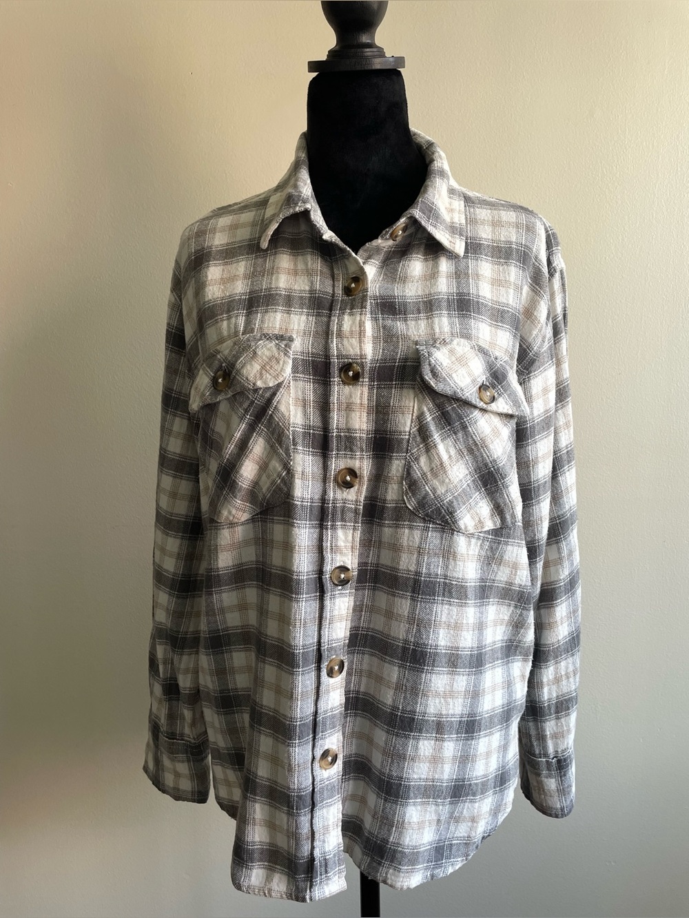 Japna Plaid Collection Cotton Flannel Shirt Jacket Gray Beige Size L